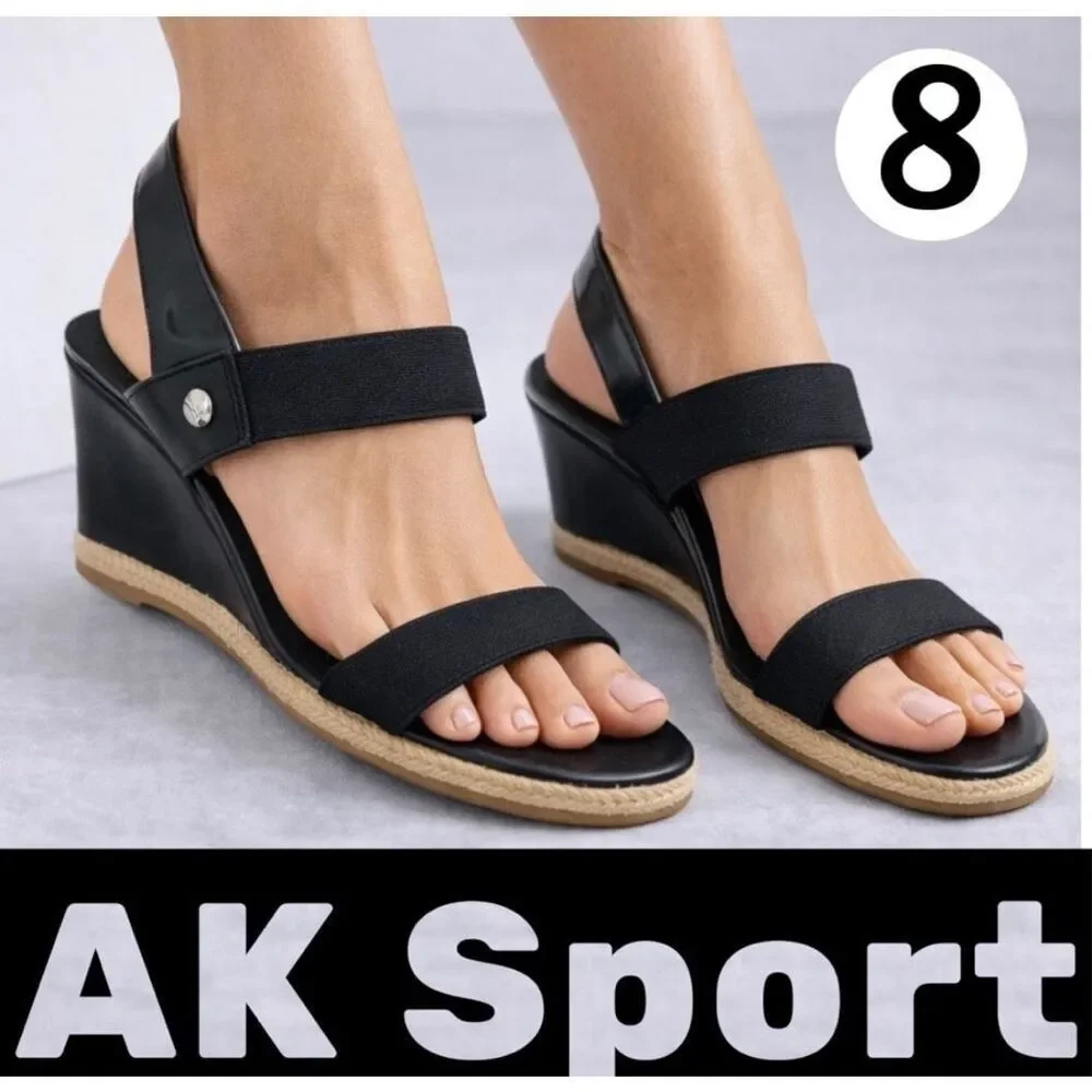 AK Sport Women's Florence Elastic Strap Espadrille Wedge Heels Black Size 8M